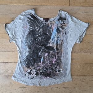 2010 Vintage Material Girl Hawk Metal Trim Floral tee goth whimsygoth grunge emo